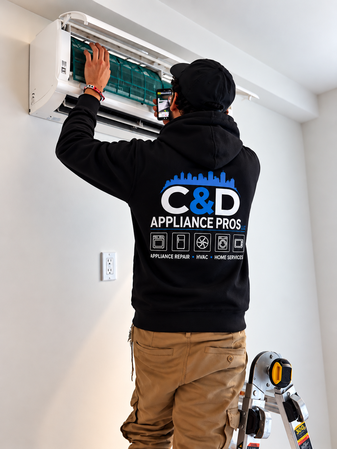 C&D Appliance Pros technician servicing a wall-mounted air conditioner in a New York apartment