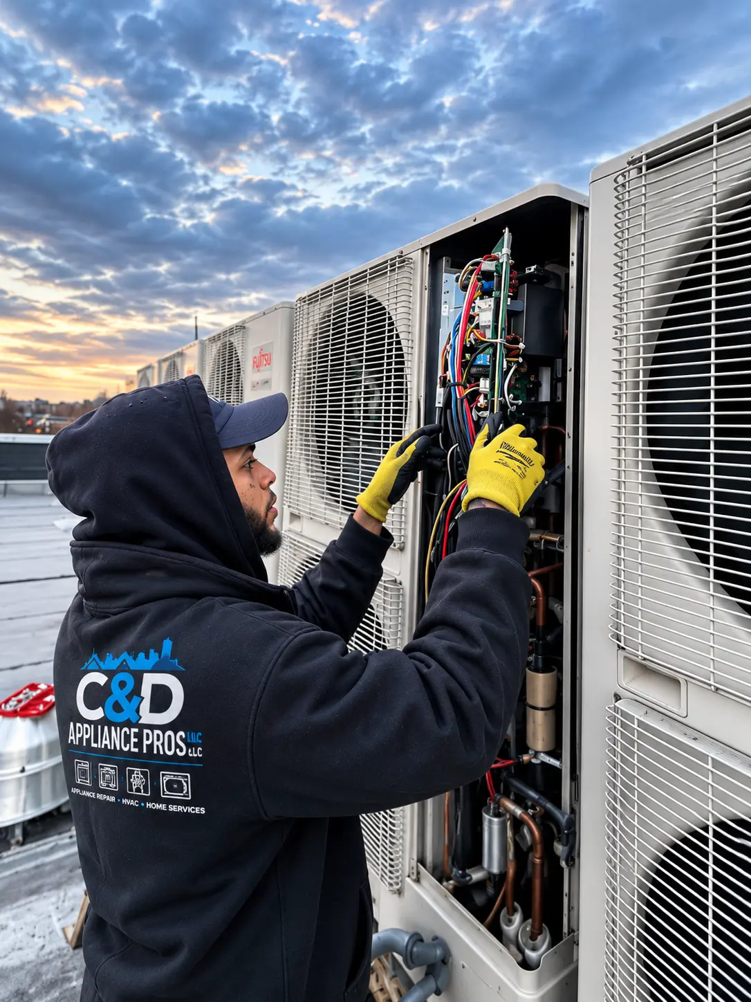 C&D Appliance Pros technician diagnosing rooftop HVAC equipment at dawn