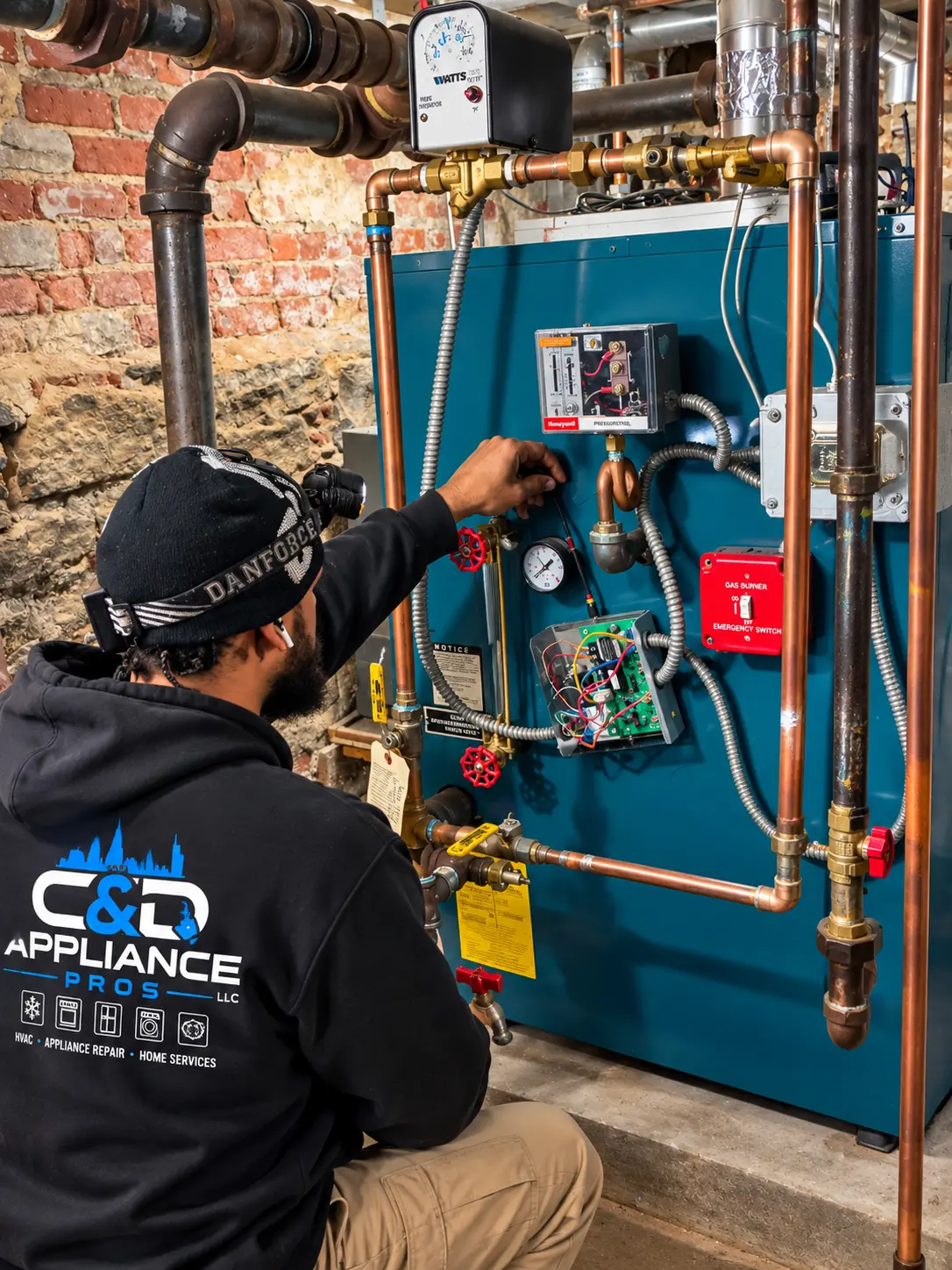 C&D Appliance Pros technician servicing a residential boiler
